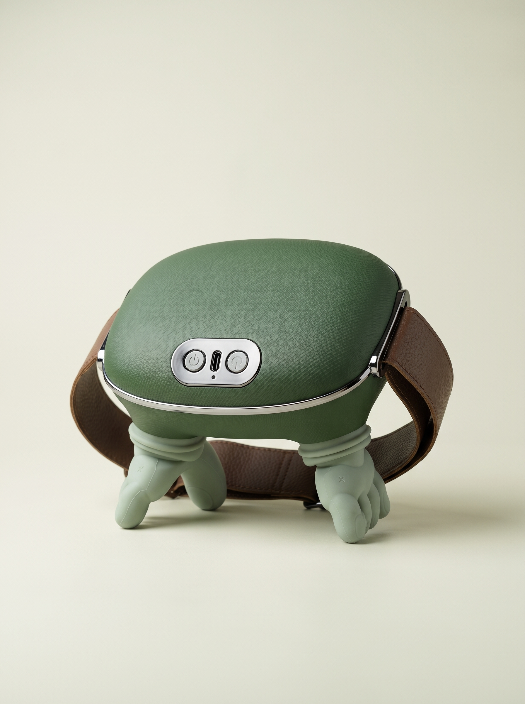KneadPod verde cu curea reglabilă maro pe fundal luminos